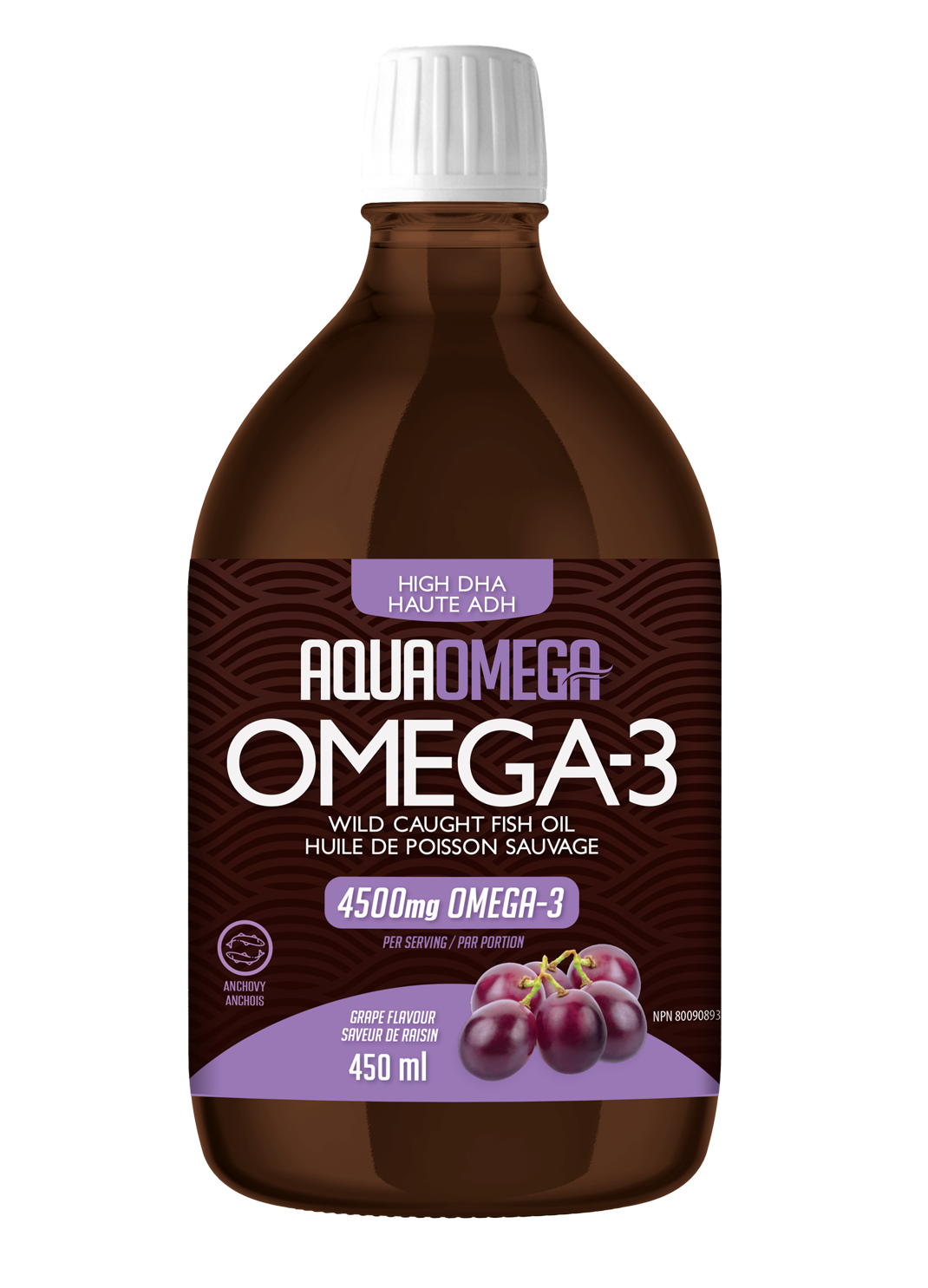 AquaOmega 1:5 High DHA Omega-3 with Caught Fish Oil, Grape flavor (450ml)