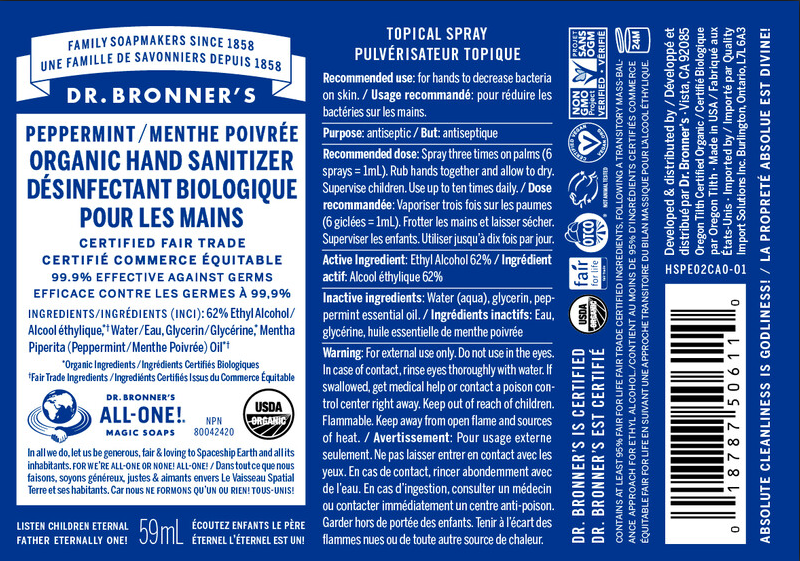 Dr. Bronner's  Peppermint Organic Hand Sanitizer